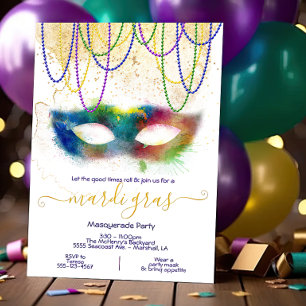 Mardi Gras Regenboog Waterverf Maskerade Feest Kaart