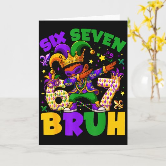 Mardi Gras Six Seven 67 Bruh Meme Dabbing Leprecha Kaart (Gele Bloem)