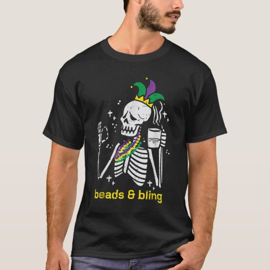 Mardi Gras Skeleton Beads Bling Funny Outfit Manne T-shirt (Voorkant)