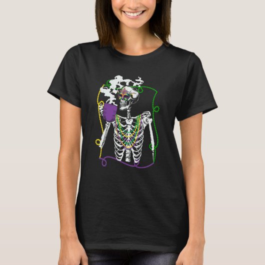 Mardi Gras Skeleton Drinking Coffee Mask Beads Fat T-shirt (Voorkant)
