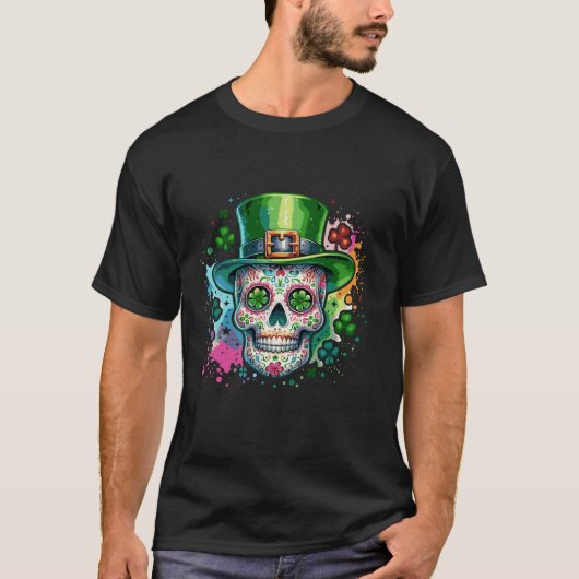 Mardi Gras St Patricks Day Shamrock Sugar Skull Ca T-shirt (Voorkant)