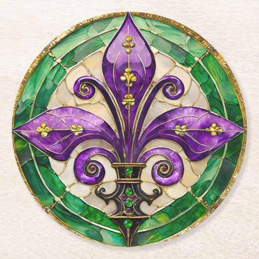 Mardi Gras Stained Glass Fleur de lis Ronde Kartonnen Onderzetter (Voorkant)