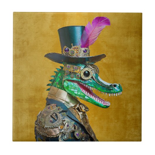 Mardi Gras Steampunk Feest Beest Alligator Tegeltje (Voorkant)