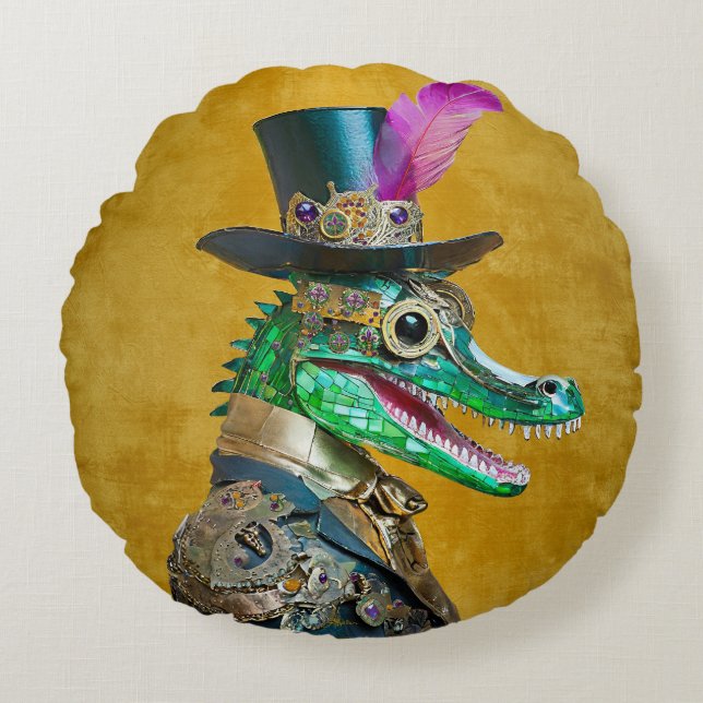 Mardi Gras Steampunk Party Dierlijke Alligator Rond Kussen (Voorkant)