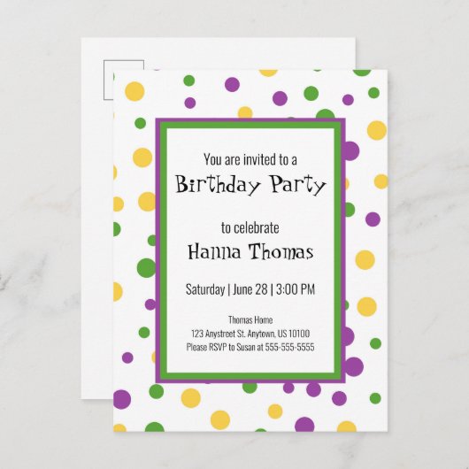 Mardi Gras Stippen Pret Verjaardagsuitnodiging Uitnodiging Briefkaart (Voorkant / Achterkant)