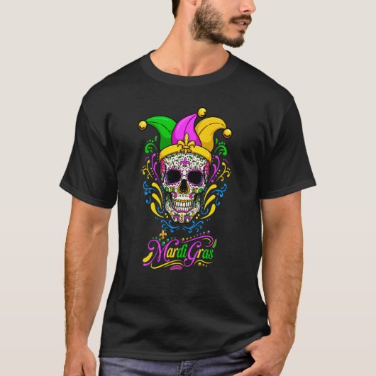 Mardi Gras Sugar Skull Fleur De Lis Jesters Hat Pa T-shirt (Voorkant)