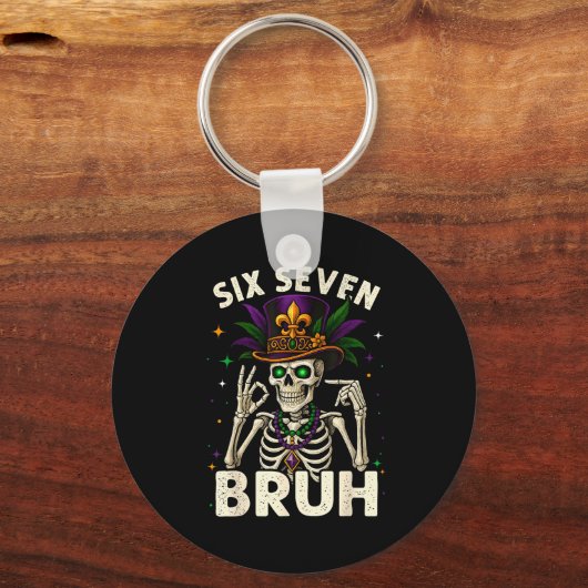 Mardi Gras Sugar Skull Skeleton Six Seven Bruh Mem Sleutelhanger (Voorkant)