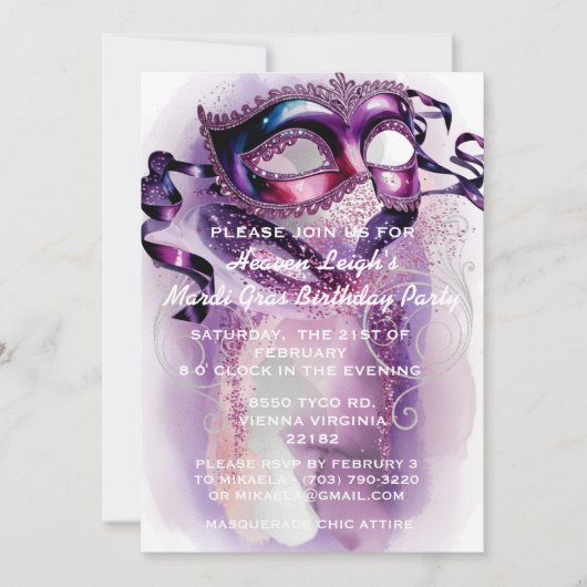 Mardi Gras Sweet 16 Maskerade Verjaardagsuitnodigi (Voorkant)