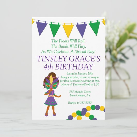 Mardi Gras Thema Verjaardag Uitnodiging (Staand voorkant)