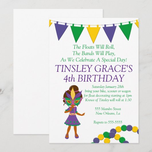 Mardi Gras Thema Verjaardag Uitnodiging (Voorkant / Achterkant)