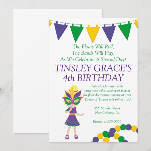 Mardi Gras Theme Birthday Uitnodiging (Voorkant / Achterkant)