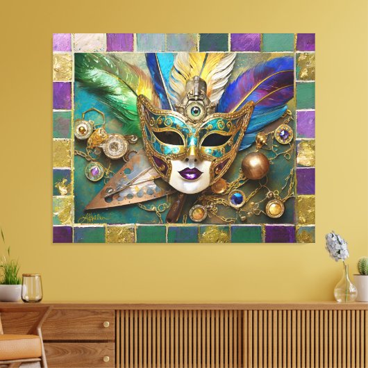 Mardi Gras Third Eye Gouden Keramisch Veer Masker Canvas Afdruk (Insitu (Woonkamer))