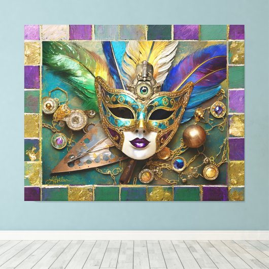 Mardi Gras Third Eye Gouden Keramisch Veer Masker Canvas Afdruk (Insitu (Houten vloer))