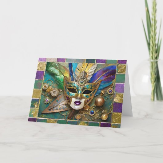 Mardi Gras Third Eye Gouden Keramisch Veer Masker Feestdagen Kaart (Voorkant)