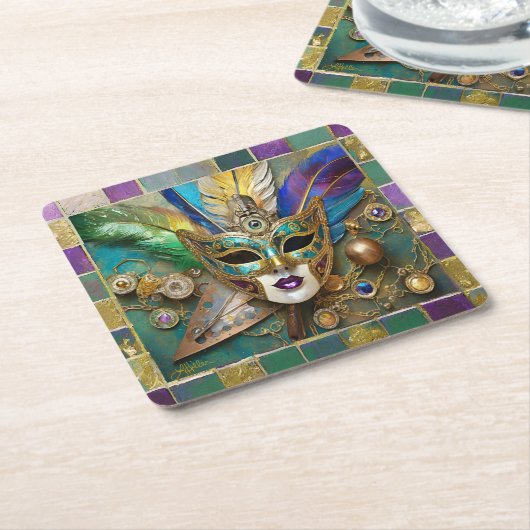 Mardi Gras Third Eye Gouden Keramisch Veer Masker Kartonnen Onderzetters (Schuin)