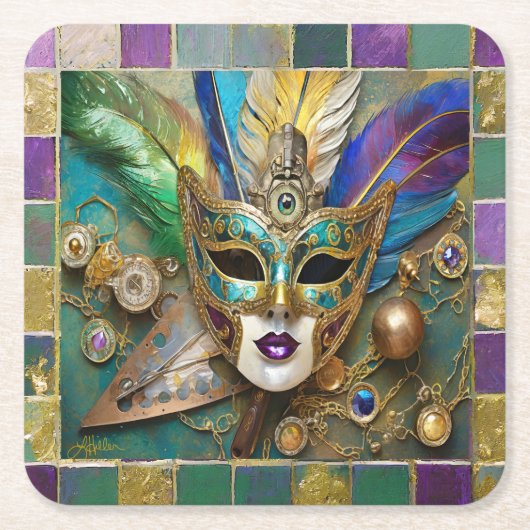 Mardi Gras Third Eye Gouden Keramisch Veer Masker Kartonnen Onderzetters (Voorkant)