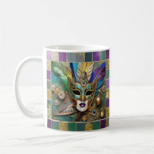Mardi Gras Third Eye Gouden Keramisch Veer Masker Koffiemok (Links)