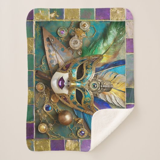 Mardi Gras Third Eye Gouden Keramisch Veer Masker Sherpa Deken (Voorkant)