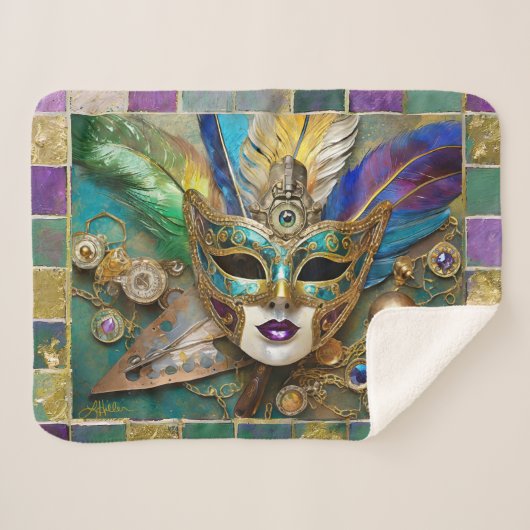 Mardi Gras Third Eye Gouden Keramisch Veer Masker Sherpa Deken (Voorkant (horizontaal))