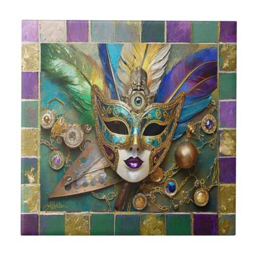 Mardi Gras Third Eye Gouden Keramisch Veer Masker Tegeltje (Voorkant)
