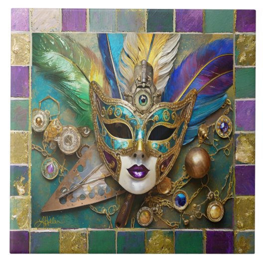 Mardi Gras Third Eye Gouden Keramisch Veer Masker Tegeltje (Voorkant)