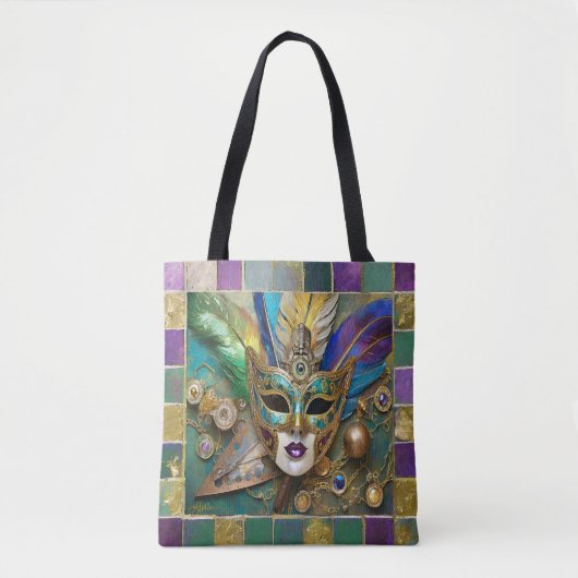 Mardi Gras Third Eye Gouden Keramisch Veer Masker Tote Bag (Voorkant)