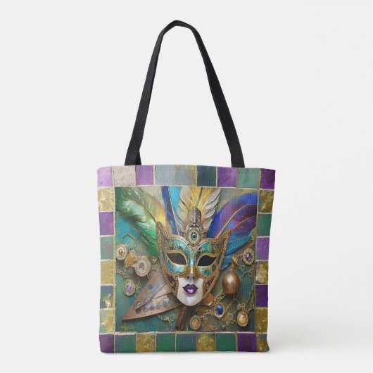 Mardi Gras Third Eye Gouden Keramisch Veer Masker Tote Bag (Achterkant)