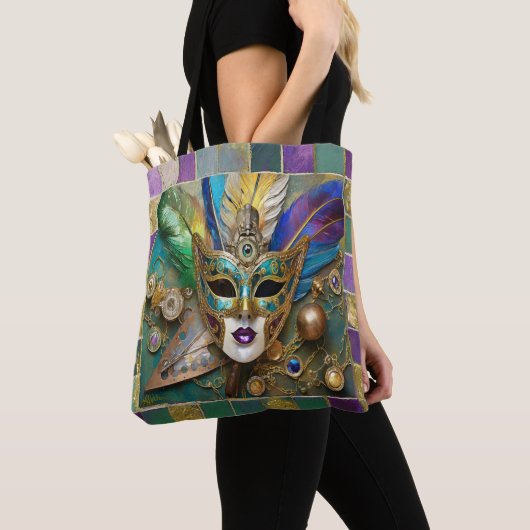 Mardi Gras Third Eye Gouden Keramisch Veer Masker Tote Bag (Dichtbij)