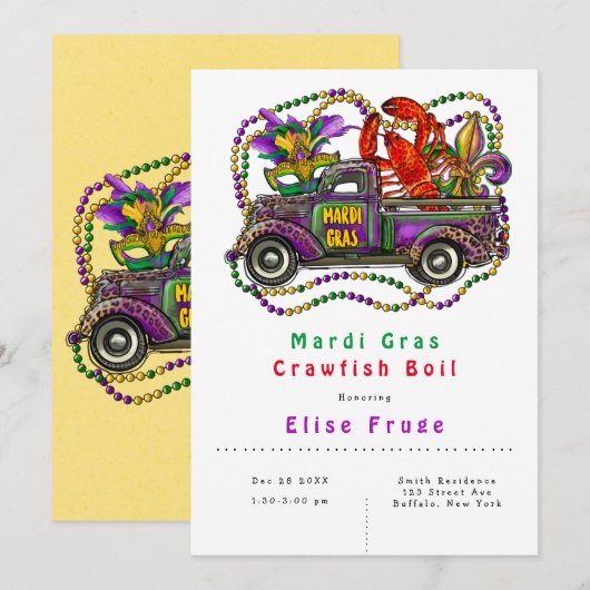 Mardi Gras  Truck Crawfish Boil Invitation Kaart (Voorkant / Achterkant)