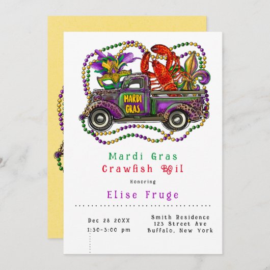 Mardi Gras  Truck Crawfish Boil Invitation Kaart (Voorkant / Achterkant)