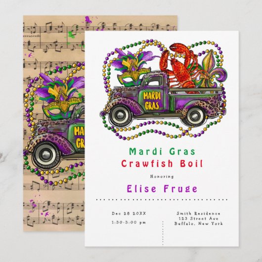 Mardi Gras  Truck Crawfish Boil Invitation Kaart (Voorkant / Achterkant)
