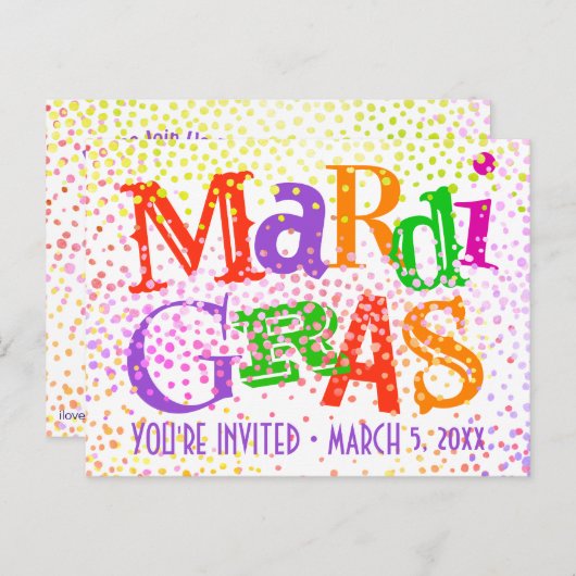 Mardi Gras Typography Party Uitnodiging Briefkaart (Voorkant / Achterkant)