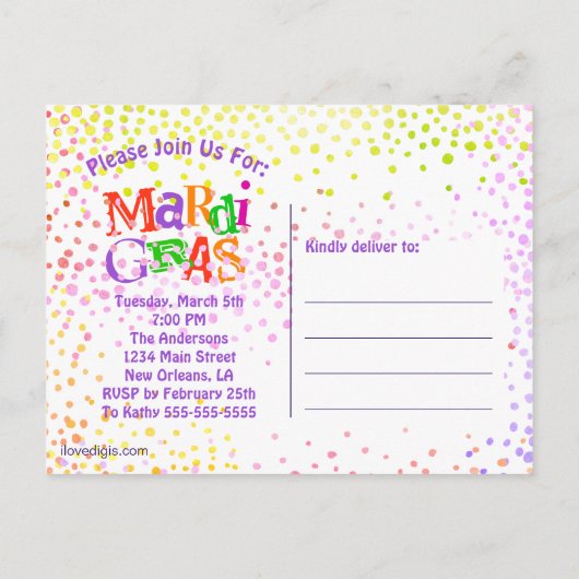 Mardi Gras Typography Party Uitnodiging Briefkaart (Achterkant)
