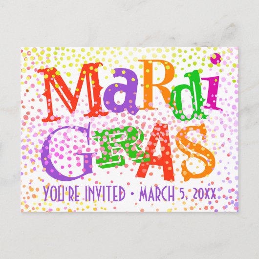 Mardi Gras Typography Party Uitnodiging Briefkaart (Voorkant)