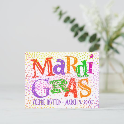 Mardi Gras Typography Party Uitnodiging Briefkaart (Staand voorkant)