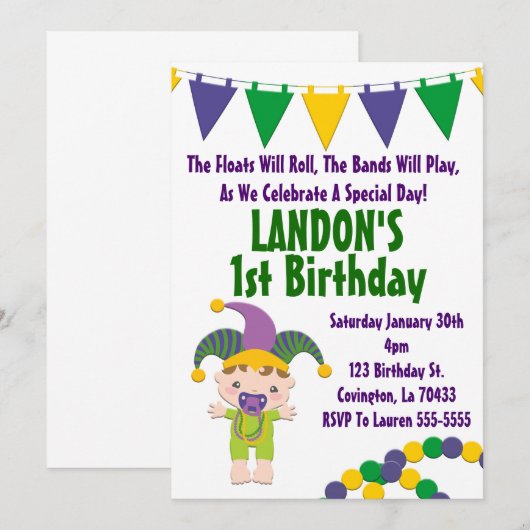 Mardi Gras Uitnodiging voor verjaardag (Voorkant / Achterkant)