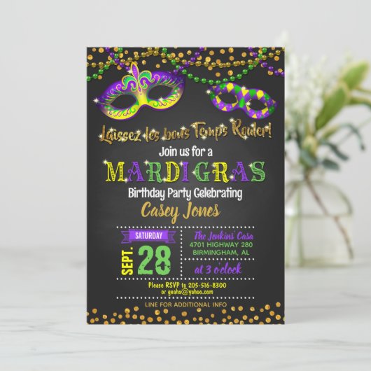 Mardi Gras Uitnodiging voor verjaardag (Staand voorkant)