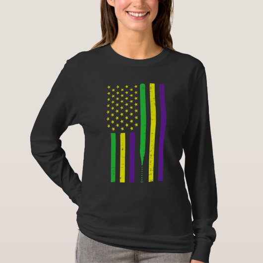 Mardi Gras US Flag Baseball Bat Patriotic Men Wome T-shirt (Voorkant)