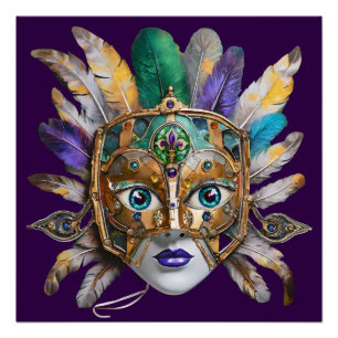 Mardi Gras Veer- en Metaal Masker Perfect Poster
