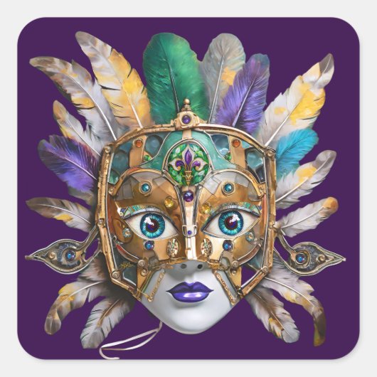 Mardi Gras Veer- en Metaal Masker Vierkante Sticker (Voorkant)