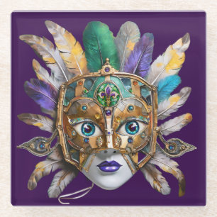Mardi Gras Veer en Metalen Masker Glazen Onderzetter