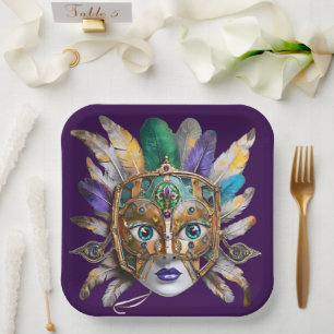 Mardi Gras Veer en Metalen Masker Papieren Bordje