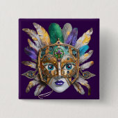 Mardi Gras Veer en Metalen Masker Vierkante Button 5,1 Cm (Voorkant)