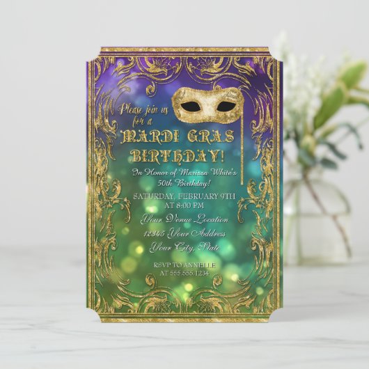 Mardi Gras Verjaardag Maskerade Masker Bokeh Gold Kaart (Staand voorkant)