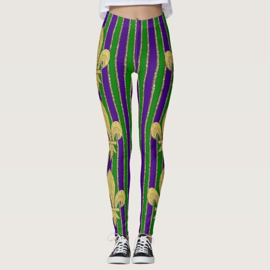 Mardi Gras Verticale Stripes & Fleur de Lys Leggings (Voorkant)
