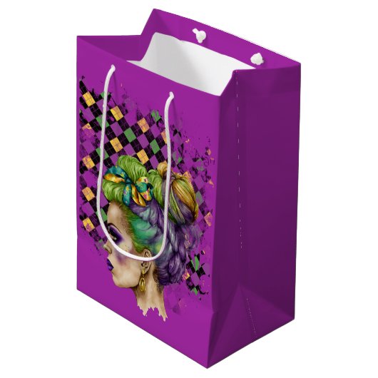 MARDI GRAS VROUW MET PAARSE GROENEN GOUDEHAAR MEDIUM CADEAUZAKJE (Voorkant Gekanteld)