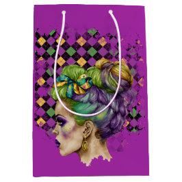 MARDI GRAS VROUW MET PAARSE GROENEN GOUDEHAAR MEDIUM CADEAUZAKJE