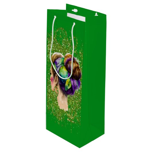 MARDI GRAS VROUW MET PAARSE GROENEN GOUDEHAAR WIJN CADEAUTAS (Voorkant Gekanteld)
