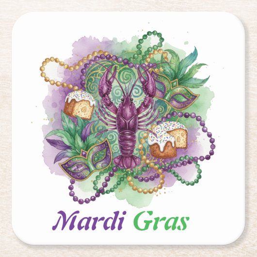 Mardi Gras Watercolor Feest Kartonnen Onderzetters (Voorkant)