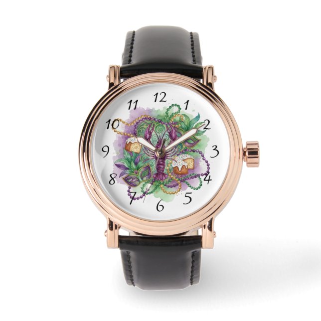 Mardi Gras Watercolor Vieren  Horloge (Voorkant)